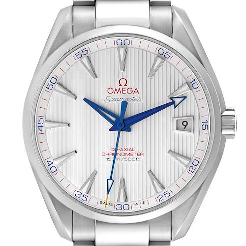 The image shows a front view of the Omega Aqua Terra 231.10.42.21.02.002 Men's Stainless Steel Silver Dial 231.10.42.21.02.002 Men's Stainless Steel Silver Dial watch, highlighting its dial, hands, date window, and part of the stainless steel bracelet.
