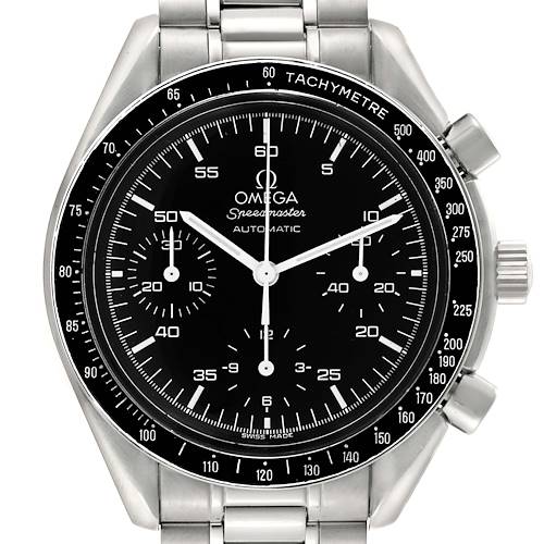 The Omega Speedmaster 3510.50.00 Men's Stainless Steel Black Dial 3510.50.00 Men's Stainless Steel Black Dial watch is shown from a front angle, highlighting its face, bezel, and crown.