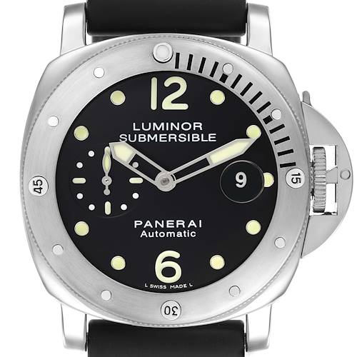 The Panerai Submersible PAM00024 Men's Stainless Steel Black Dial PAM00024 Men's Stainless Steel Black Dial watch is shown from the front, displaying the dial and bezel features.