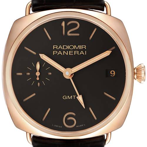 This image shows a front view of a Panerai Radiomir PAM00421 Men's Rose Gold Brown Dial PAM00421 Men's Rose Gold Brown Dial watch, highlighting its dial, hands, crown, and strap lugs.