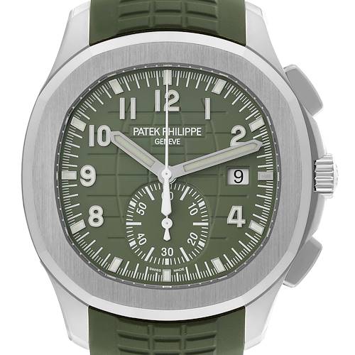 The Patek Philippe Aquanaut 5968G-010 Men's White Gold Green Dial watch is shown from a front angle, highlighting its olive green dial, numerals, and bezel.