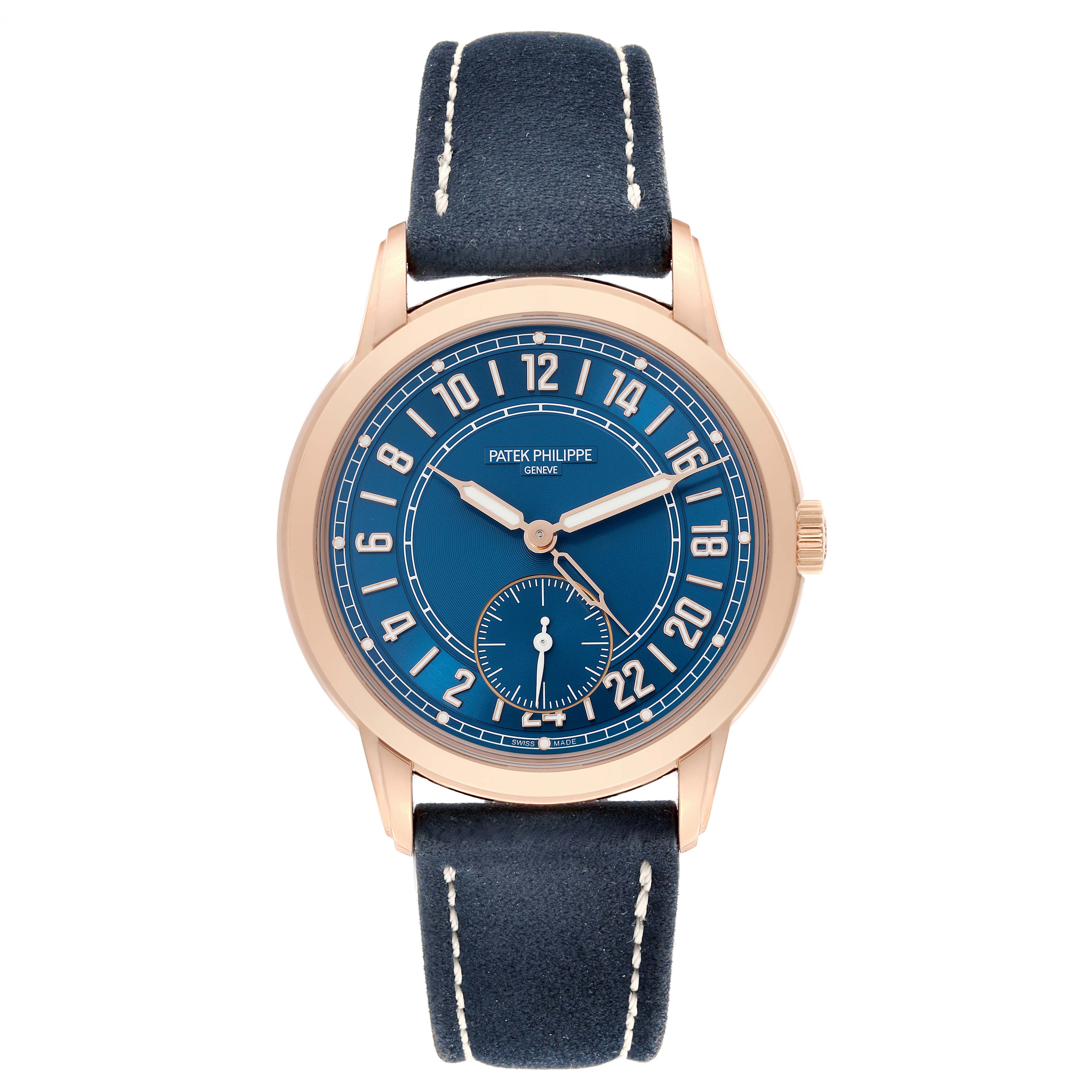 The Patek Philippe Calatrava 5224R-001 Men's Rose Gold Blue Dial 5224R-001 Men's Rose Gold Blue Dial watch is shown from a front angle, displaying its blue dial and leather strap.