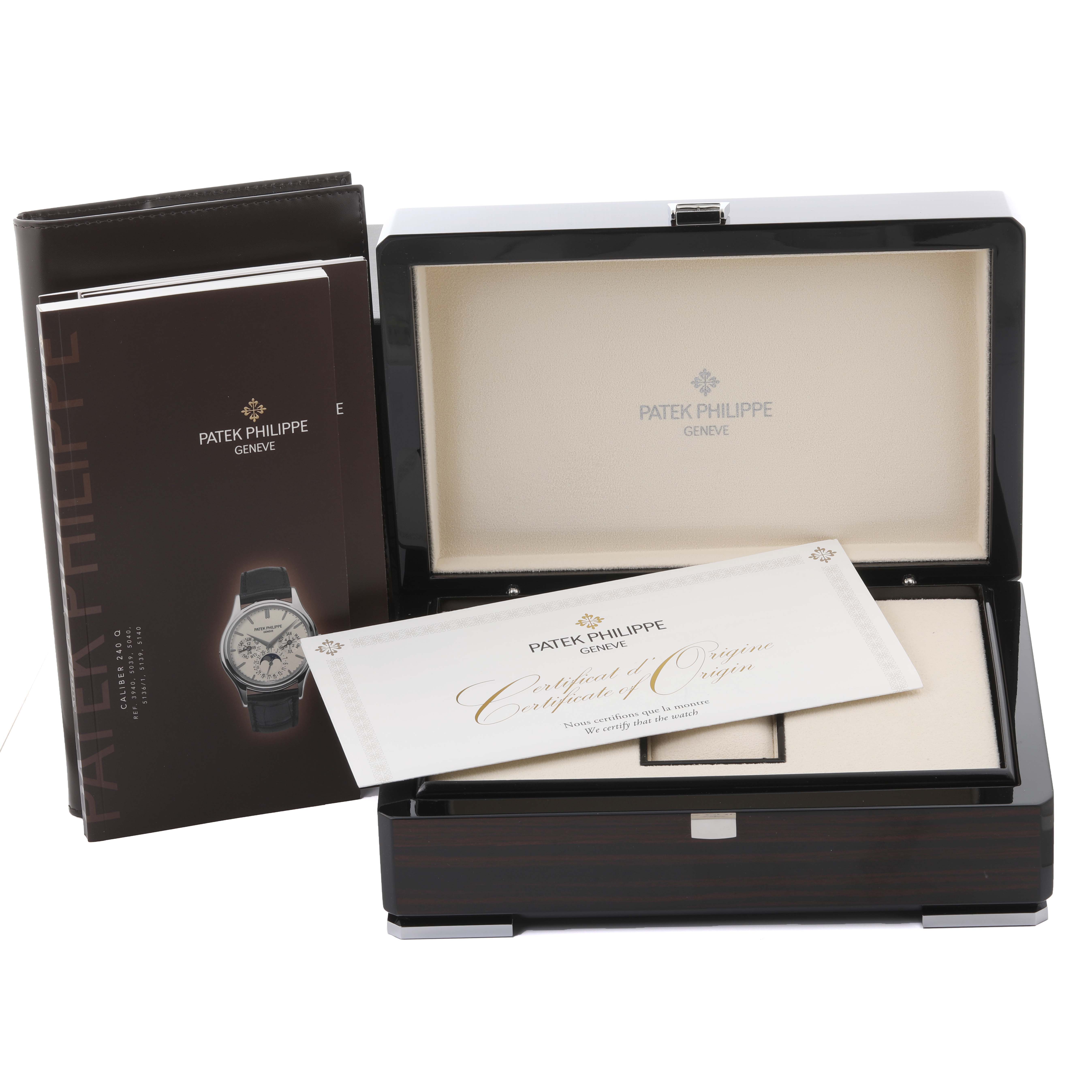 The image shows a Patek Philippe Calatrava 5224R-001 Men's Rose Gold Blue Dial 5224R-001 Men's Rose Gold Blue Dial box, certificate, and booklet from a top-front angle.
