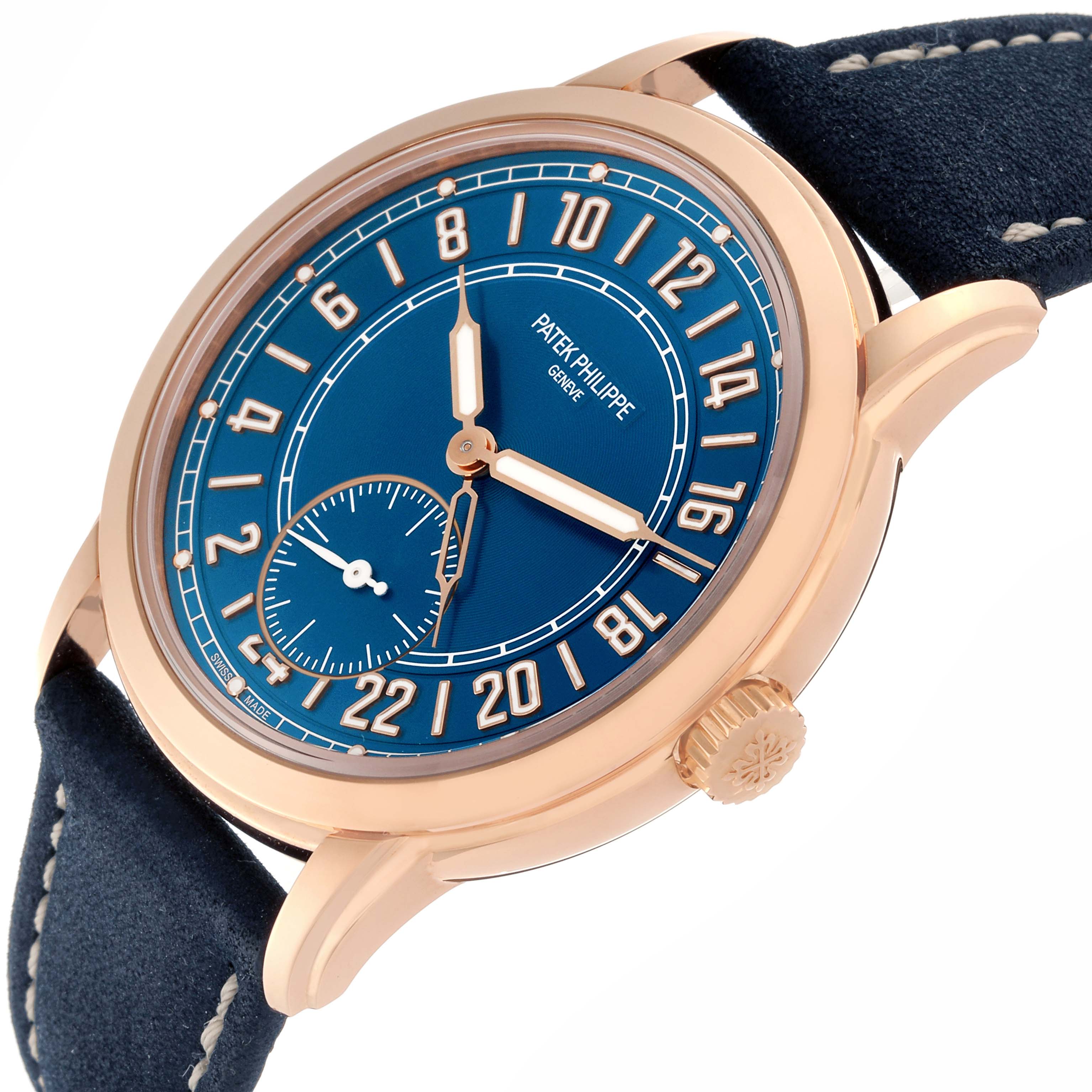 The Patek Philippe Calatrava 5224R-001 Men's Rose Gold Blue Dial 5224R-001 Men's Rose Gold Blue Dial watch is shown at an angled side view, highlighting its blue dial, rose gold case, hands, and crown.