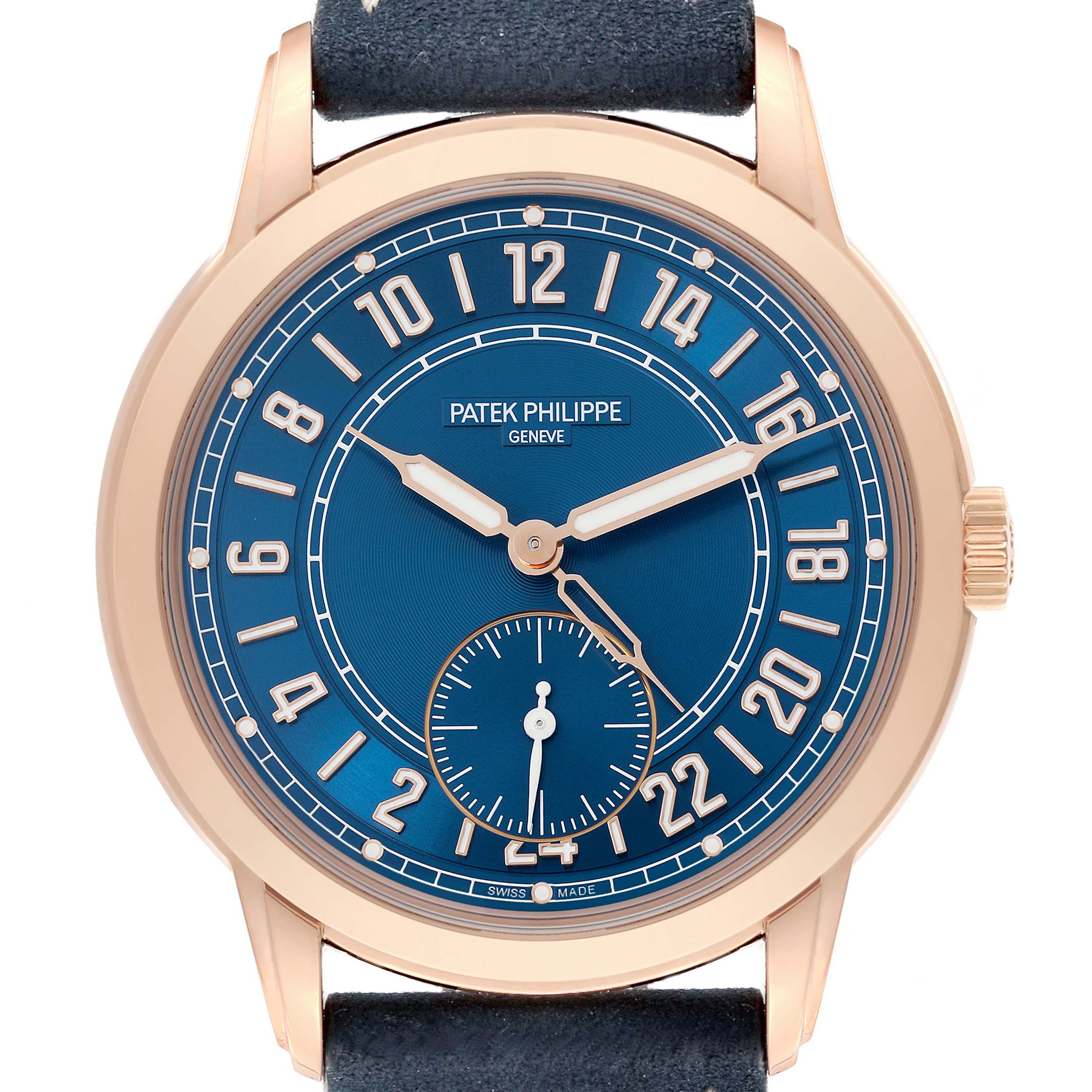 The Patek Philippe Calatrava 5224R-001 Men's Rose Gold Blue Dial 5224R-001 Men's Rose Gold Blue Dial watch is shown from the front, displaying its blue dial and gold numerals.
