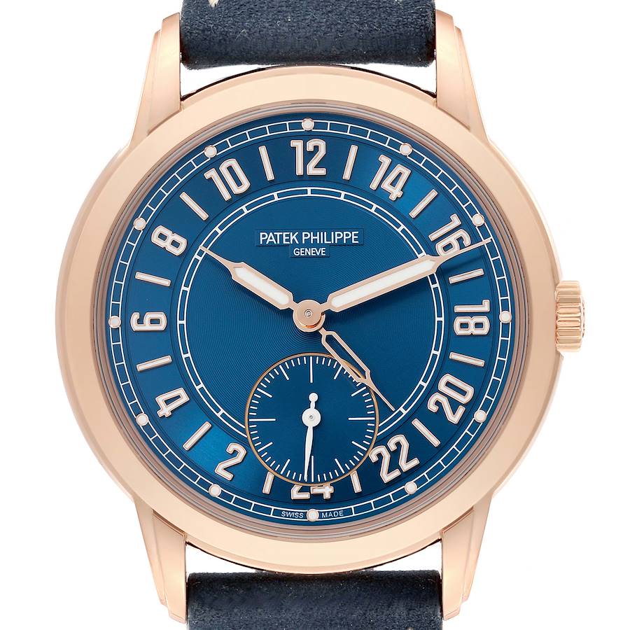 The Patek Philippe Calatrava 5224R-001 Men's Rose Gold Blue Dial 5224R-001 Men's Rose Gold Blue Dial watch is shown from the front, displaying its blue dial and gold numerals.