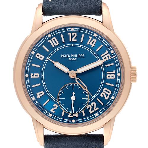 The Patek Philippe Calatrava 5224R-001 Men's Rose Gold Blue Dial 5224R-001 Men's Rose Gold Blue Dial watch is shown from the front, featuring its blue dial, rose gold case, and leather strap.