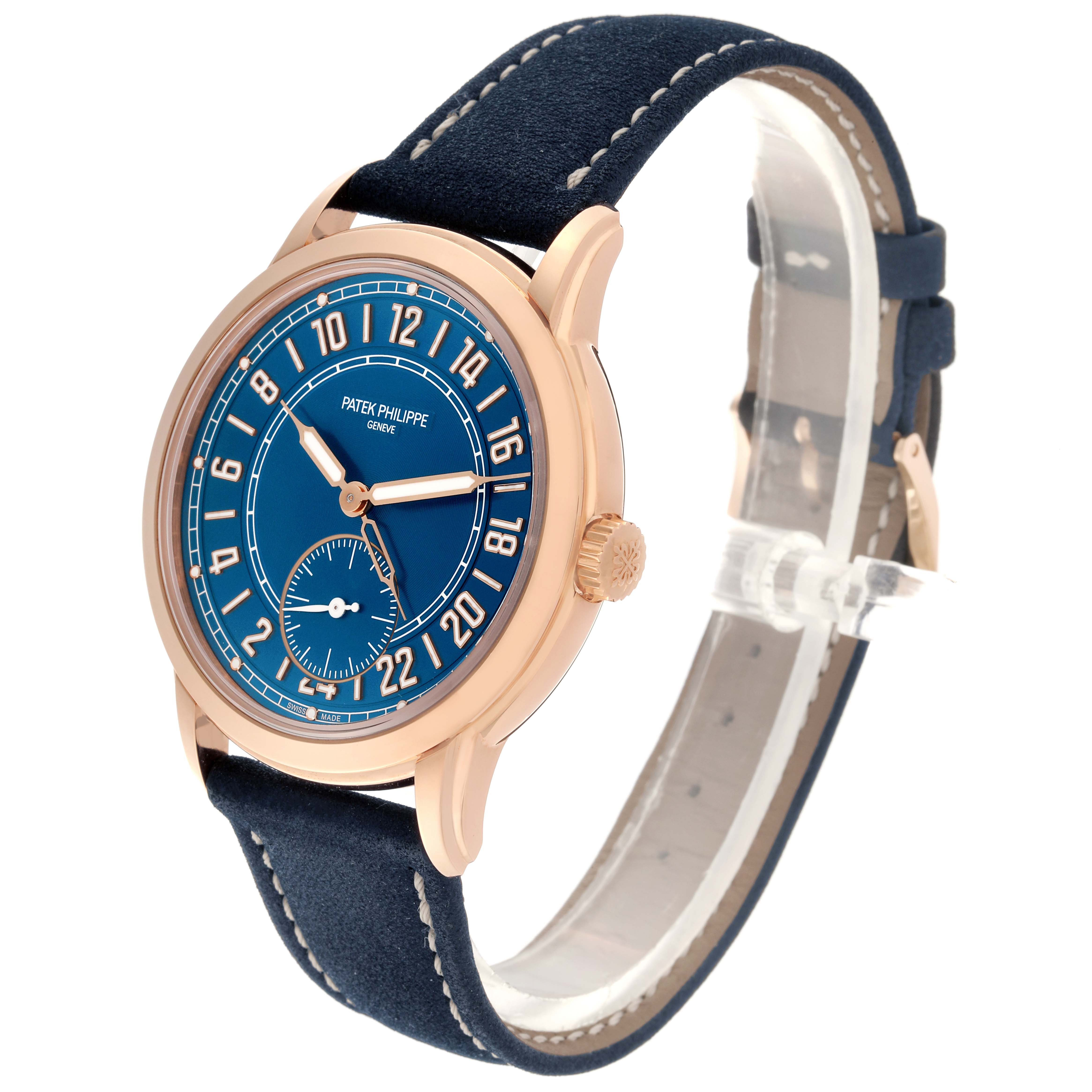 The Patek Philippe Calatrava 5224R-001 Men's Rose Gold Blue Dial 5224R-001 Men's Rose Gold Blue Dial watch is shown at a side angle, displaying the dial, case, crown, and strap.