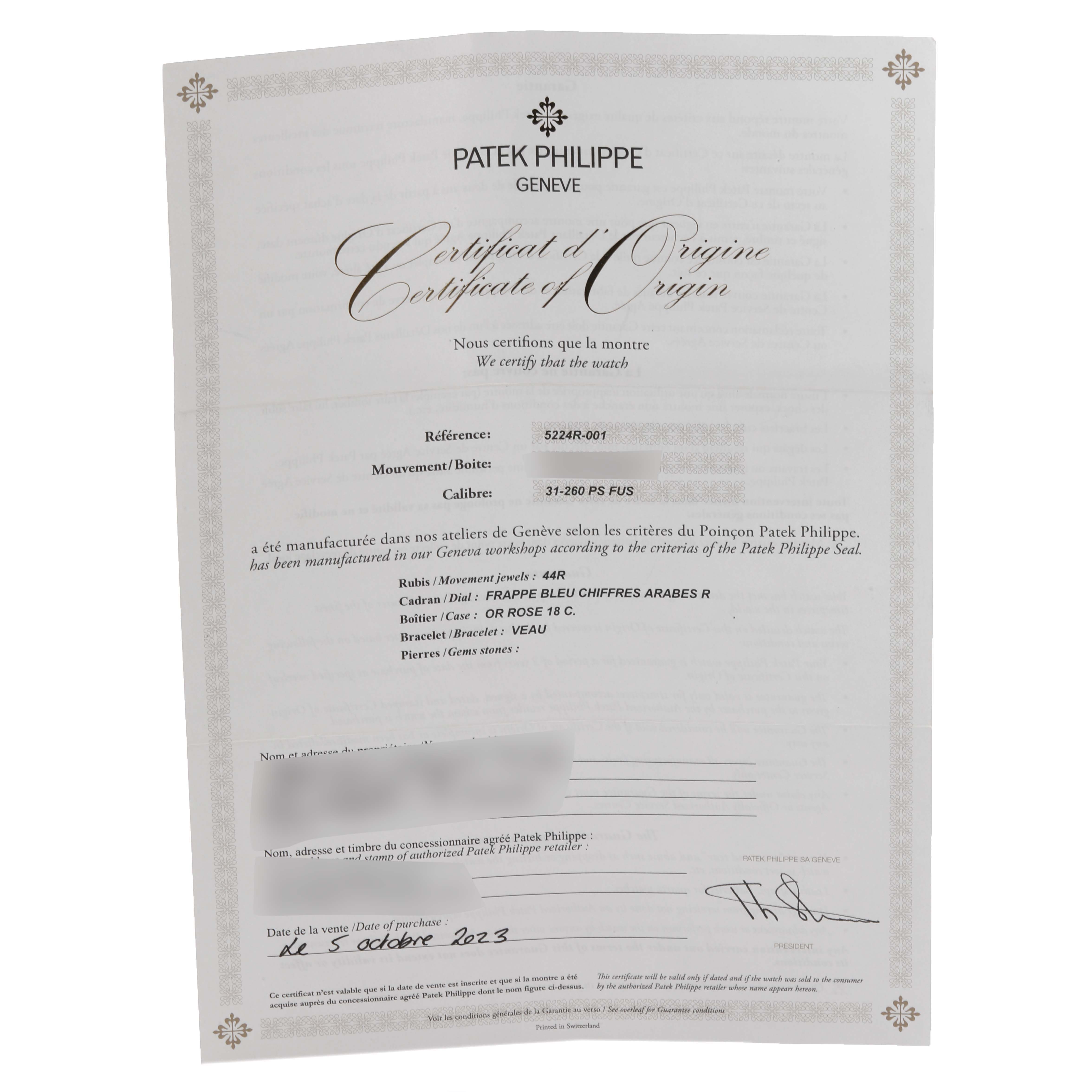The image shows a certificate of origin for a Patek Philippe Calatrava 5224R-001 Men's Rose Gold Blue Dial 5224R-001 Men's Rose Gold Blue Dial watch, model number 5224R-001.