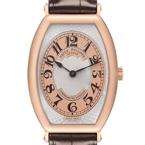 The Patek Philippe Gondolo 5098R-001 Men's Rose Gold Silver Dial 5098R-001 Men's Rose Gold Silver Dial watch is shown from a front angle, highlighting its face, case, and strap connections.