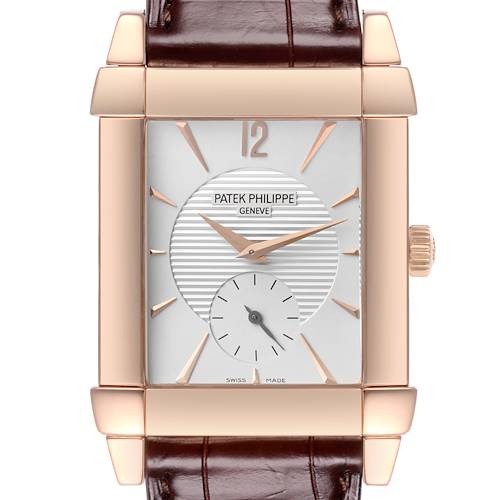 The Patek Philippe Gondolo 5111R-001 Men's Rose Gold Silver Dial 5111R-001 Men's Rose Gold Silver Dial watch is shown from a front angle, highlighting the face, hands, and part of the leather strap.