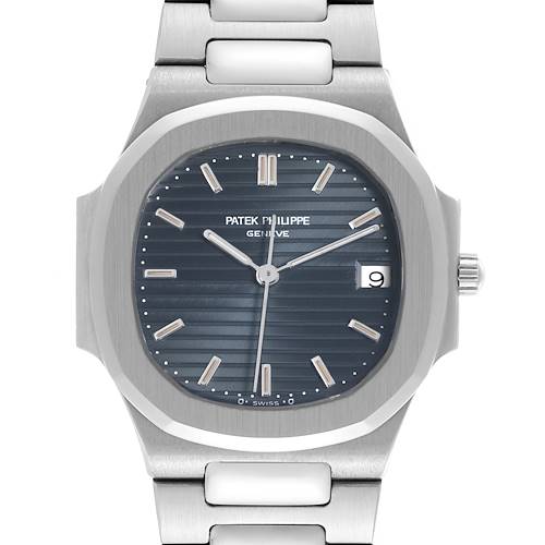 The image shows a front view of the Patek Philippe Nautilus 3900/1J-001 Women's Stainless Steel Grey Dial 3900/1J-001 Women's Stainless Steel Grey Dial watch, highlighting the dial and part of the bracelet.