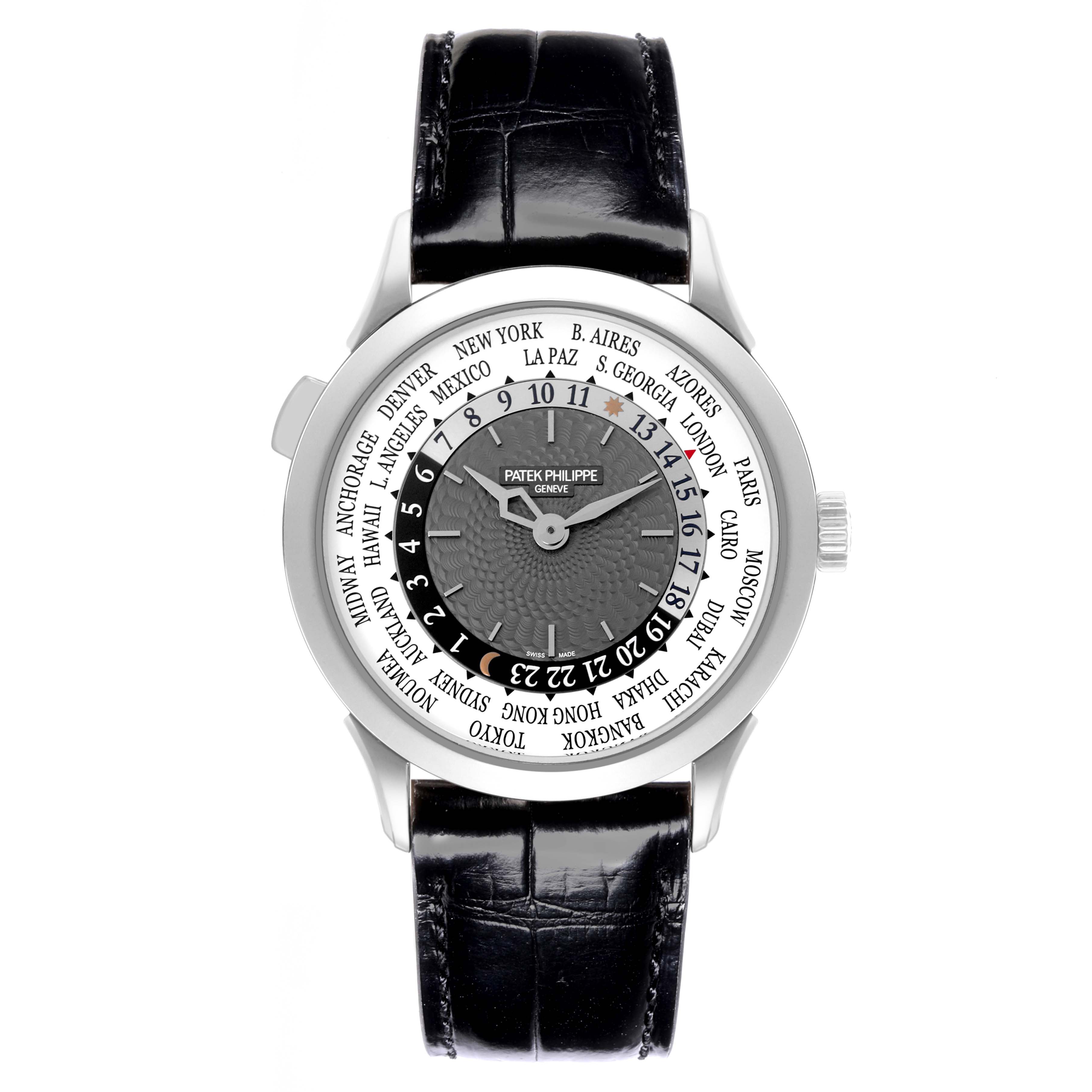 The Patek Philippe Complications 5230G-001 Men's White Gold Grey Dial 5230G-001 Men's White Gold Grey Dial watch is shown from a top-down angle, highlighting its face and black leather strap.
