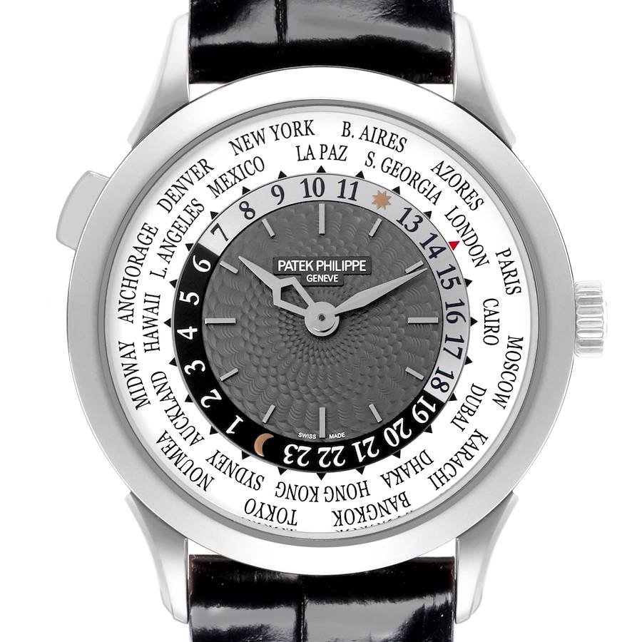 The image shows a front view of the Patek Philippe Complications 5230G-001 Men's White Gold Grey Dial 5230G-001 Men's White Gold Grey Dial watch, highlighting the dial and world time feature.