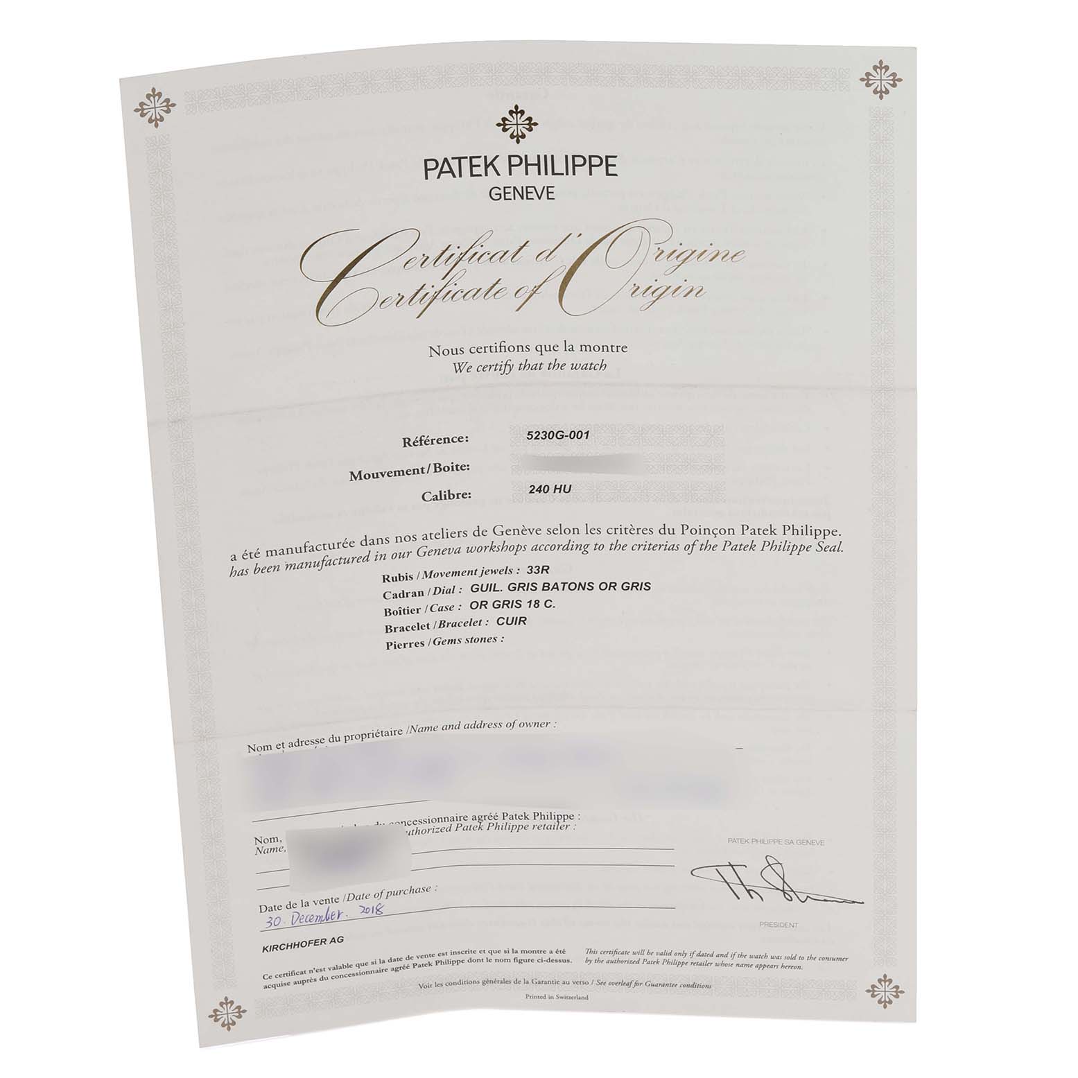 The image shows a Certificate of Origin for a Patek Philippe Complications 5230G-001 Men's White Gold Grey Dial 5230G-001 Men's White Gold Grey Dial model, specifically reference 5230G-001.