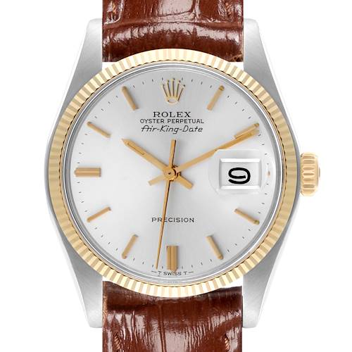 The Rolex Vintage Collection 5701 Men's Steel and Gold (two tone) Silver Dial 5701 Men's Steel and Gold (two tone) Silver Dial watch is shown from a front angle, displaying the dial, bezel, and brown leather strap.