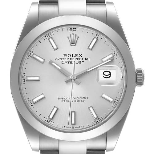 This image shows a front view of the Rolex Datejust 41 126300 Men's Stainless Steel Silver Dial 126300 Men's Stainless Steel Silver Dial watch, featuring the dial, hands, crown, and date window.