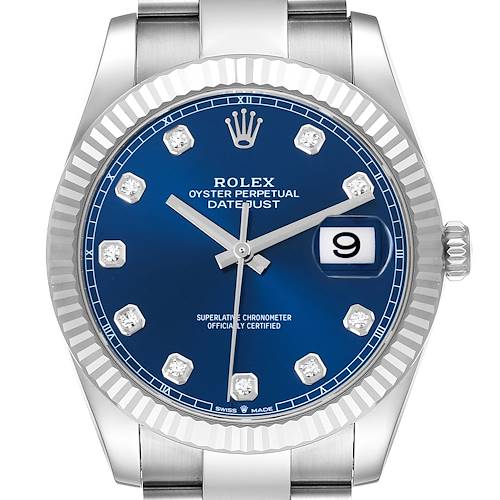 The Rolex Datejust 41 126334 Men's Stainless Steel Blue Dial 126334 Men's Stainless Steel Blue Dial is shown from the front, displaying its blue dial, diamond hour markers, and fluted bezel.