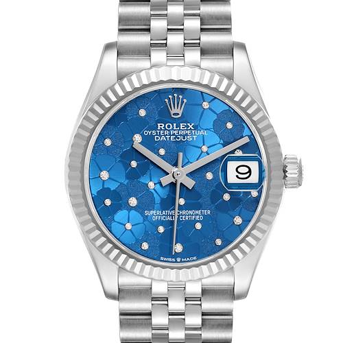 The image shows a frontal view of a Rolex Oyster Perpetual Datejust Mid-Size watch, highlighting its blue dial and bracelet.
