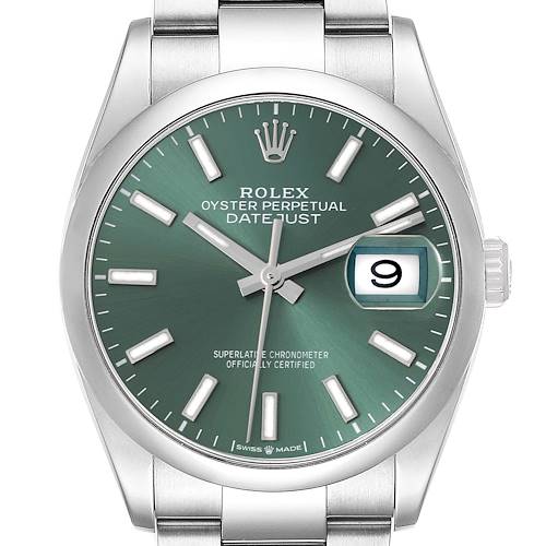 The Rolex Datejust 126200 Men's Stainless Steel Green Dial 126200 Men's Stainless Steel Green Dial watch is shown from the front, displaying the dial, hands, date window, bezel, and part of the bracelet.