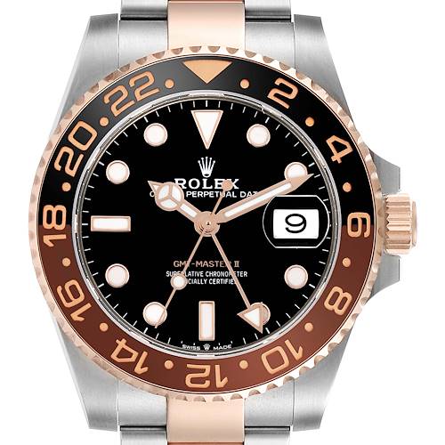 The Rolex GMT-Master 126711 Men's Steel and Gold (two tone) Black Dial 126711 Men's Steel and Gold (two tone) Black Dial model is shown from a front angle, displaying the dial, bezel, crown, and part of the bracelet.