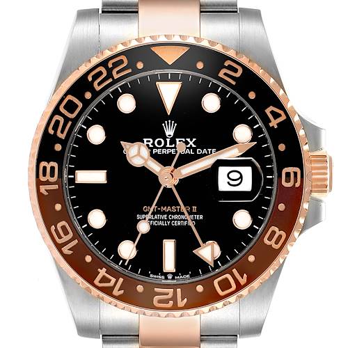 The Rolex GMT-Master 126711 Men's Steel and Gold (two tone) Black Dial 126711 Men's Steel and Gold (two tone) Black Dial watch is shown from the front, displaying the dial, bezel, hour, and minute hands.