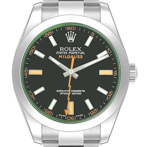 The Rolex Milgauss 116400GV Men's Stainless Steel Black Dial 116400GV Men's Stainless Steel Black Dial watch is shown from the front, displaying the face, hands, and part of the bracelet.