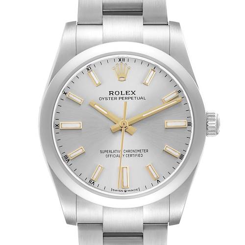 The Rolex Oyster Perpetual 124200 Men's Stainless Steel Silver Dial watch is shown from a front angle, displaying its face, crown, and upper bracelet links.
