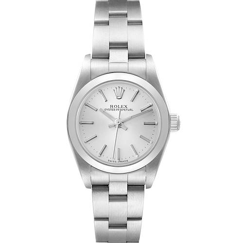 This image shows a front view of a Rolex Oyster Perpetual 76080 Women's Stainless Steel Silver Dial 76080 Women's Stainless Steel Silver Dial watch, highlighting the face, bezel, and bracelet.