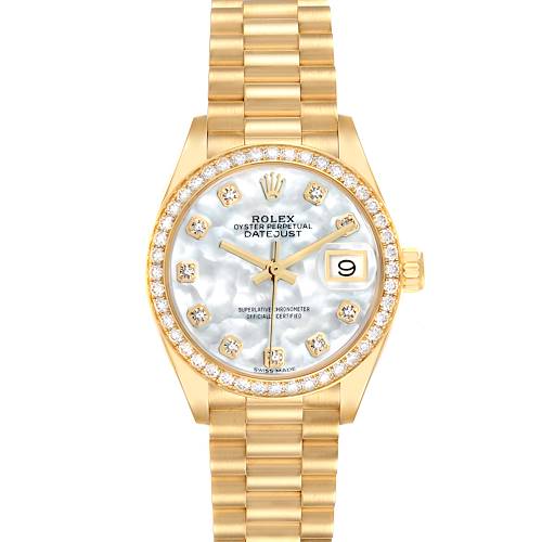The Rolex President 279138 Women's Yellow Gold Mother of Pearl Dial model watch is shown from a top-down angle, displaying the face, bracelet, and bezel.