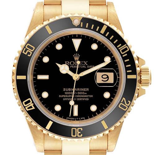 The Rolex Submariner 16618 Men's Yellow Gold Black Dial 16618 Men's Yellow Gold Black Dial watch is shown head-on, displaying the face, bezel, crown, and part of the bracelet.