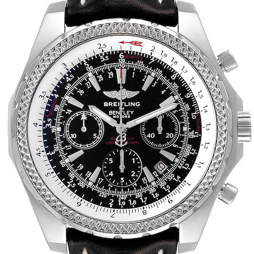 The image shows a front view of the Breitling Bentley A25362 Men's Stainless Steel Black Dial A25362 Men's Stainless Steel Black Dial model watch, highlighting the dial, bezel, hands, and chronograph subdials.