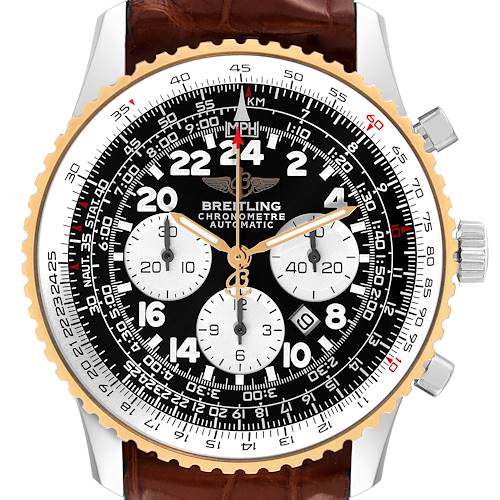 This is a close-up front view of a Breitling Navitimer D22322 Men's Stainless Steel Black Dial D22322 Men's Stainless Steel Black Dial watch showing its dial, subdials, and bezel with a brown leather strap.