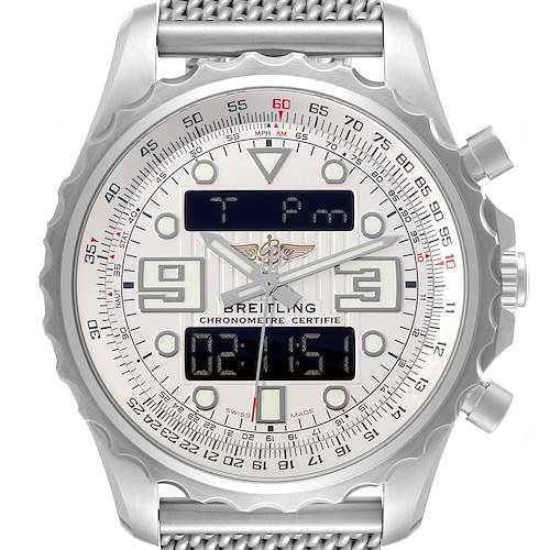 The image shows a front view of the Breitling Professional Series A78365 Men's Stainless Steel Silver Dial A78365 Men's Stainless Steel Silver Dial watch, highlighting its dial, digits, hands, and digital displays.