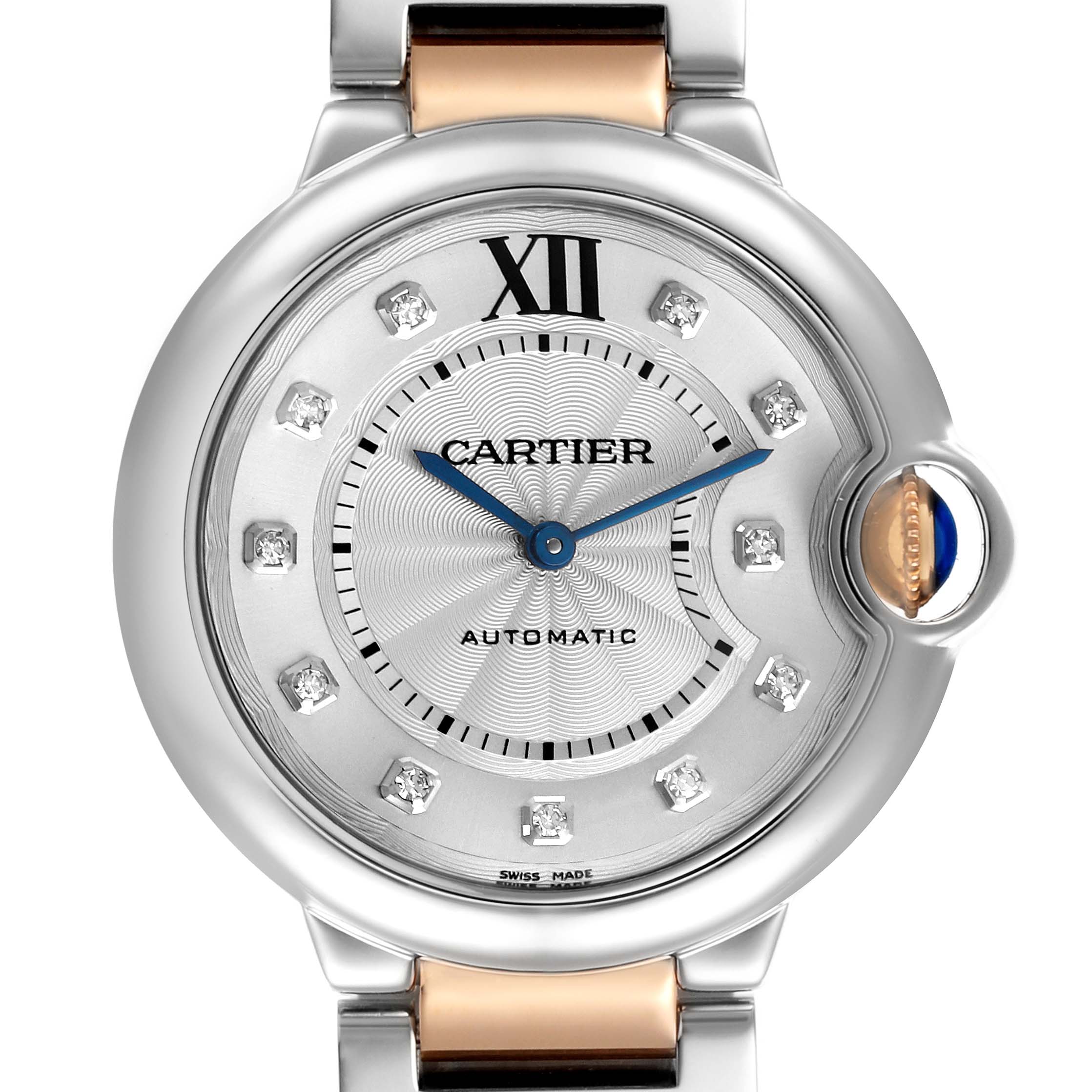 The Cartier Ballon Bleu W3BB0018 Women's Steel and Gold (two tone) Silver Dial W3BB0018 Women's Steel and Gold (two tone) Silver Dial watch is shown from a front angle, highlighting its face, crown, and bracelet.