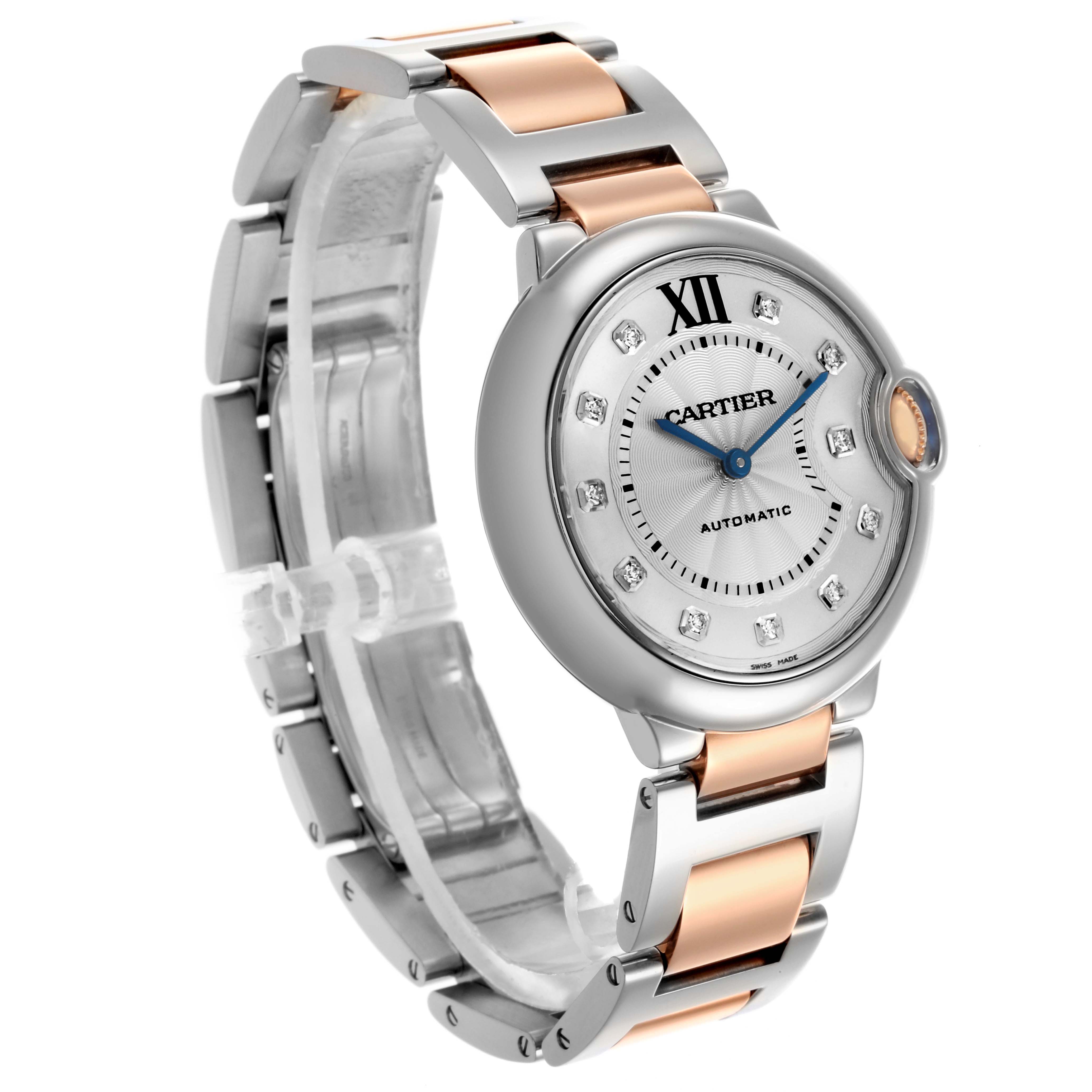 The Cartier Ballon Bleu W3BB0018 Women's Steel and Gold (two tone) Silver Dial W3BB0018 Women's Steel and Gold (two tone) Silver Dial watch is shown at a three-quarter angle, highlighting the dial, bracelet, and crown.