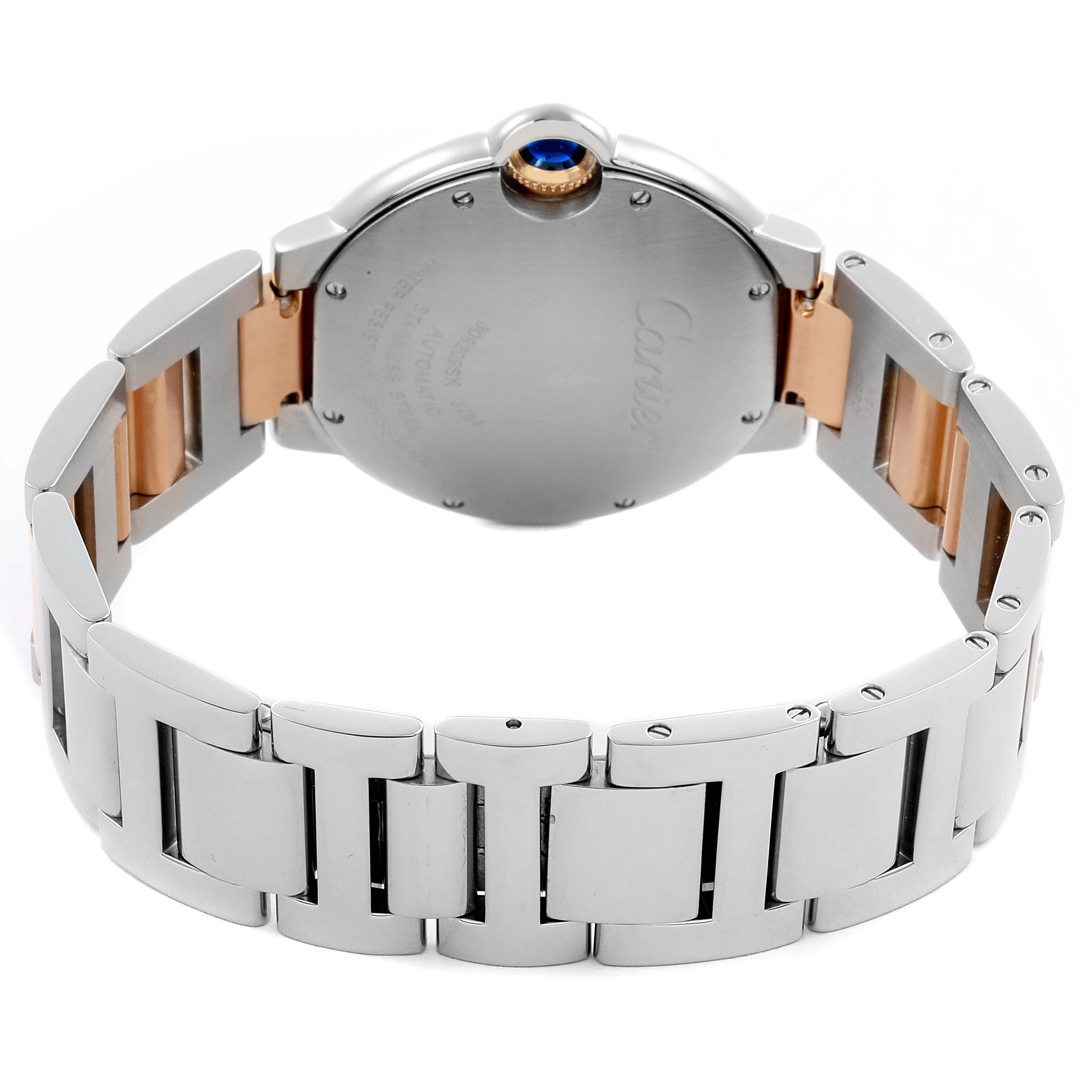 The Cartier Ballon Bleu W3BB0018 Women's Steel and Gold (two tone) Silver Dial W3BB0018 Women's Steel and Gold (two tone) Silver Dial is shown from the back, highlighting the closed clasp and bracelet design.