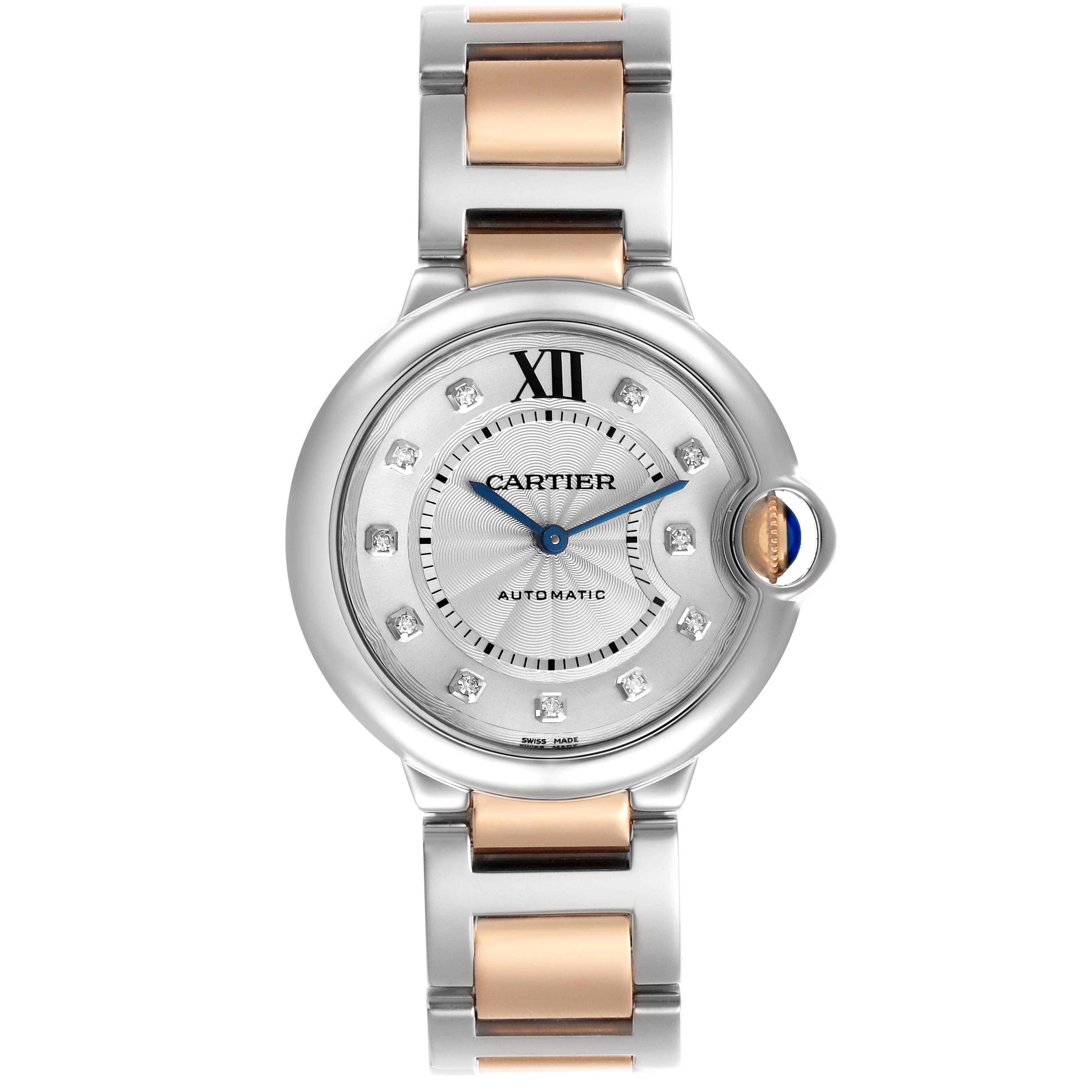 The Cartier Ballon Bleu W3BB0018 Women's Steel and Gold (two tone) Silver Dial W3BB0018 Women's Steel and Gold (two tone) Silver Dial watch is shown from a front angle, highlighting the face, crown, and two-tone bracelet.