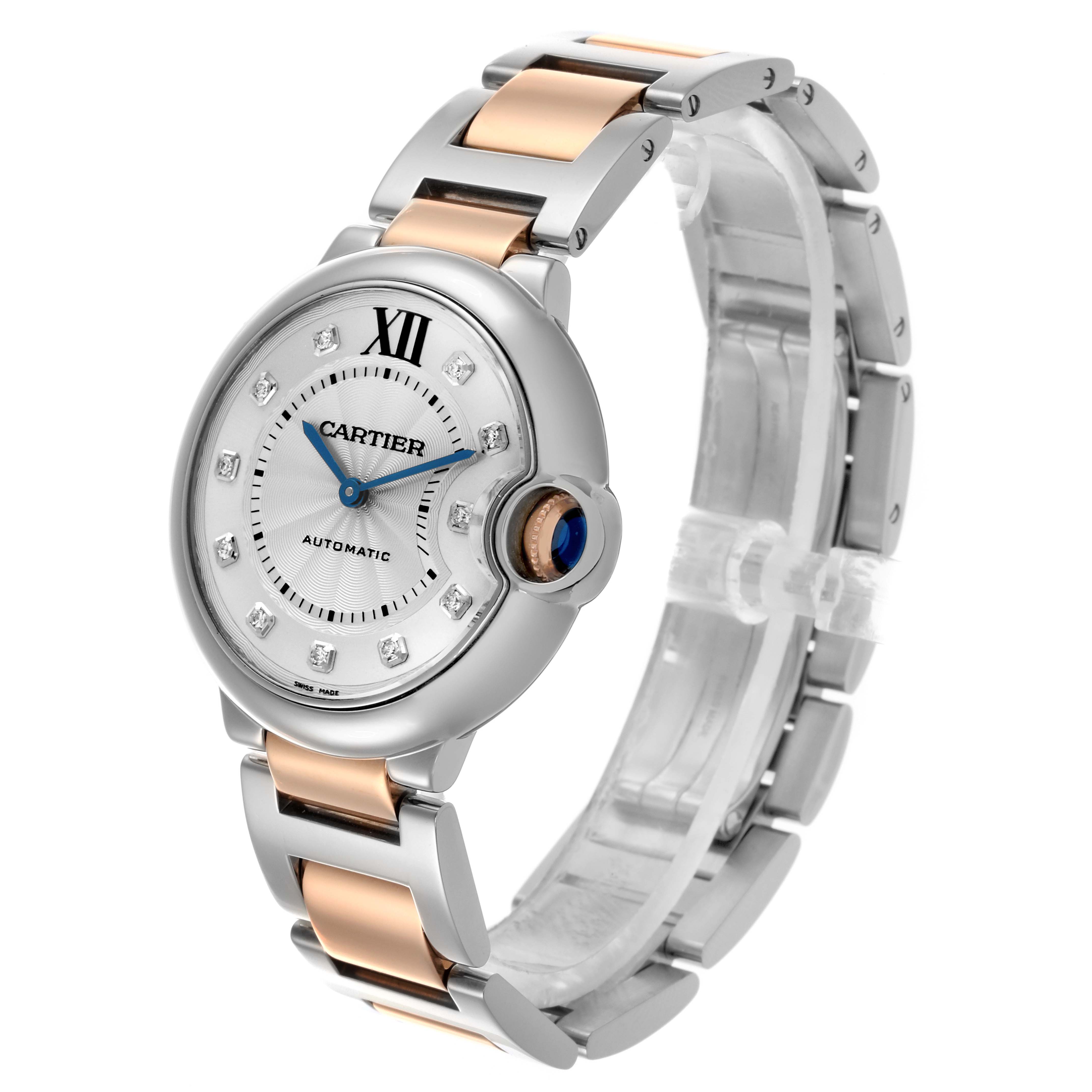The Cartier Ballon Bleu W3BB0018 Women's Steel and Gold (two tone) Silver Dial W3BB0018 Women's Steel and Gold (two tone) Silver Dial watch is shown at an oblique angle, highlighting the face, crown, and bracelet.