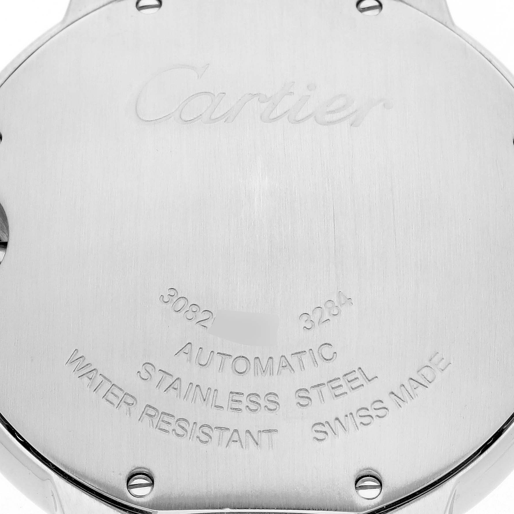 The image shows the back case of a Cartier Ballon Bleu W3BB0018 Women's Steel and Gold (two tone) Silver Dial W3BB0018 Women's Steel and Gold (two tone) Silver Dial watch, featuring engravings of the brand and model details.