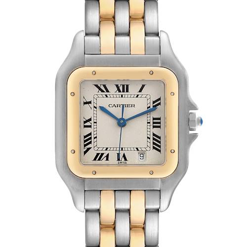 The Cartier Panthere W25028B6 Women's Steel and Gold (two tone) Silver Dial W25028B6 Women's Steel and Gold (two tone) Silver Dial watch is shown from the front, highlighting its square face, two-tone bracelet, and Roman numeral dial.