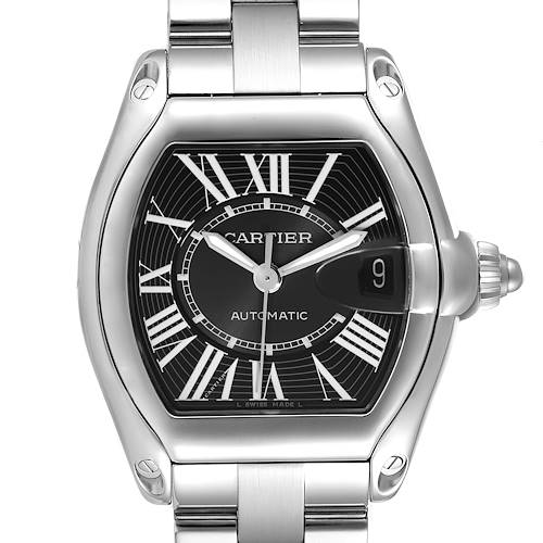 This image shows a front view of the Cartier Roadster W62041V3 Men's Stainless Steel Black Dial W62041V3 Men's Stainless Steel Black Dial watch, highlighting the face, bezel, and part of the bracelet.