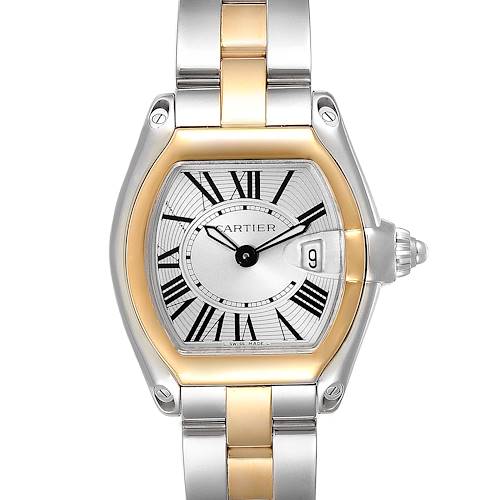 The image shows a front view of a Cartier Roadster W62026Y4 Women's Steel and Gold (two tone) Silver Dial W62026Y4 Women's Steel and Gold (two tone) Silver Dial watch, featuring its dial, bezel, and part of the bracelet.