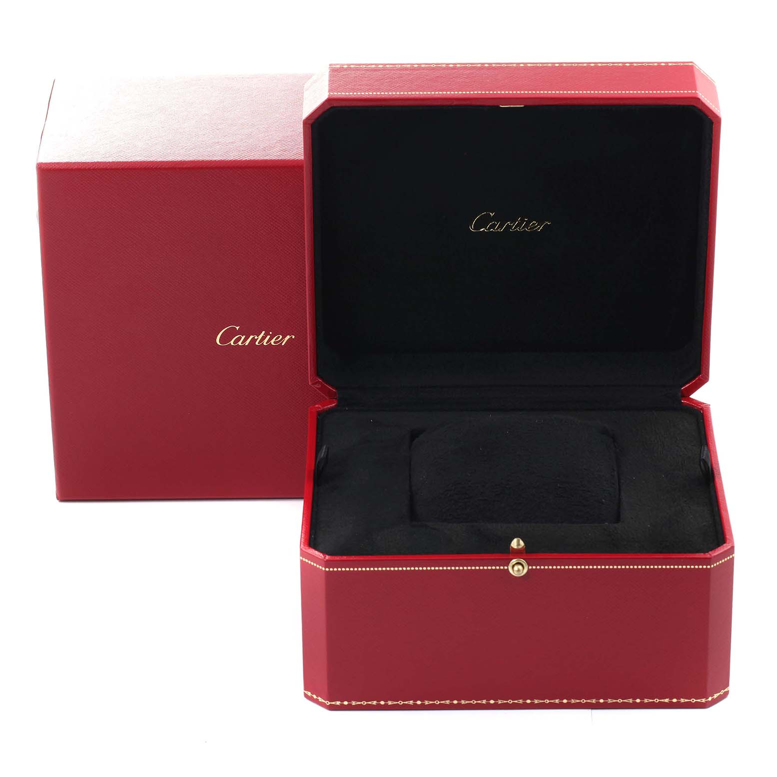 The image shows the open and closed packaging boxes of the Cartier Tank Americaine W2601156 Men's Yellow Gold Silver Dial W2601156 Men's Yellow Gold Silver Dial watch.