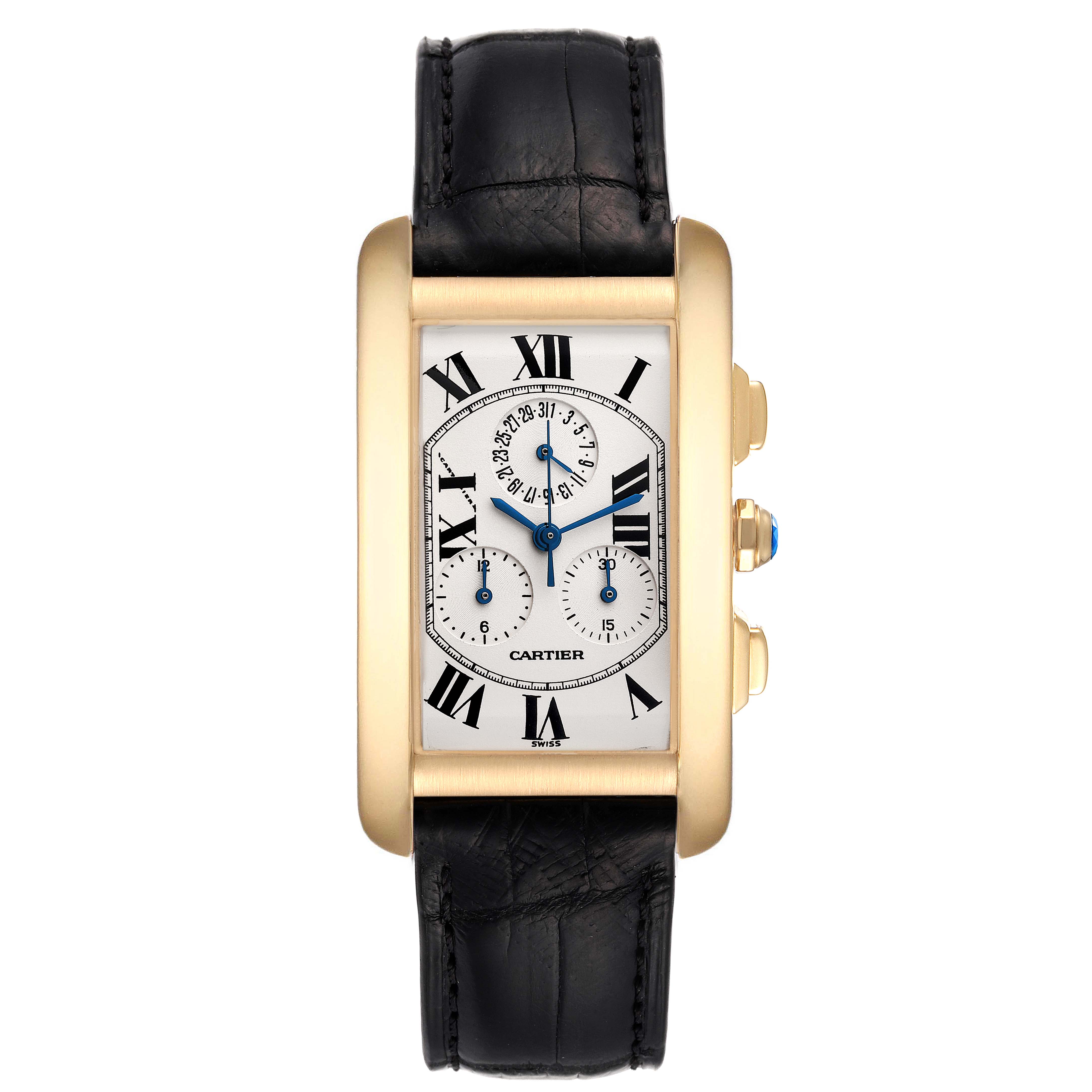This image shows a frontal view of a Cartier Tank Americaine W2601156 Men's Yellow Gold Silver Dial W2601156 Men's Yellow Gold Silver Dial model watch, highlighting the face, strap, and side buttons.