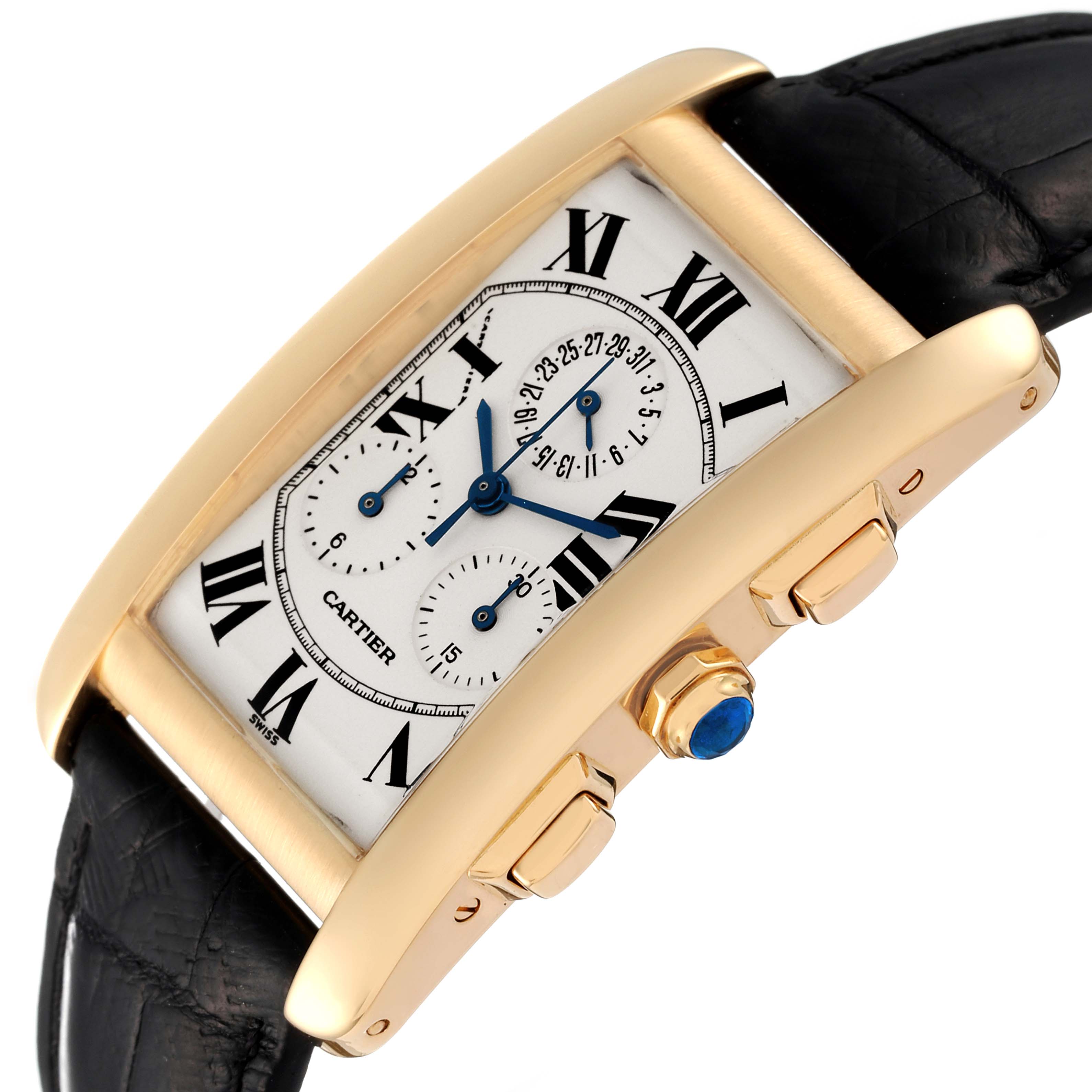 The image shows a side-angle view of the Cartier Tank Americaine W2601156 Men's Yellow Gold Silver Dial W2601156 Men's Yellow Gold Silver Dial model, highlighting its face, crown, and leather strap.