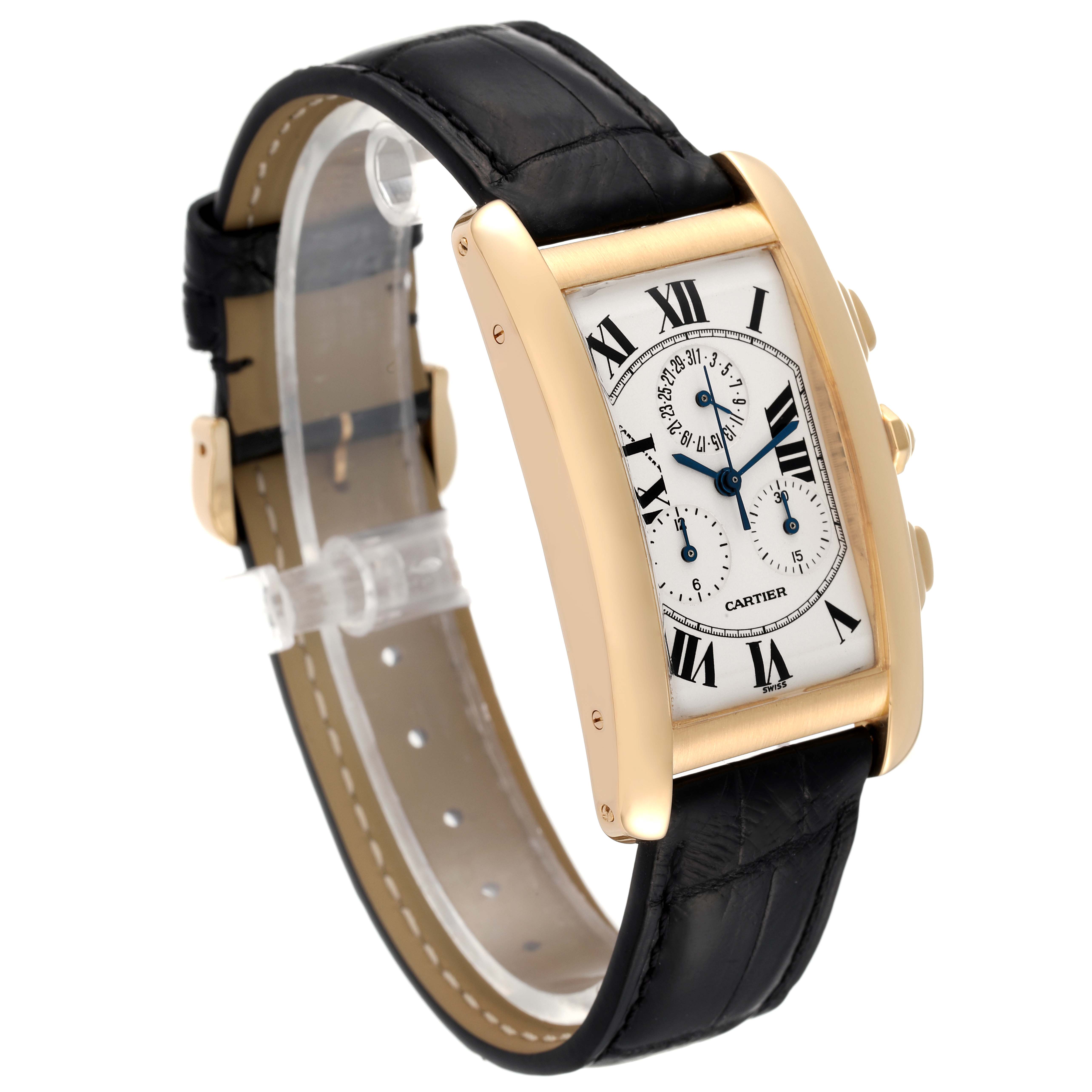The image shows a Cartier Tank Americaine W2601156 Men's Yellow Gold Silver Dial W2601156 Men's Yellow Gold Silver Dial watch at a slight angle, highlighting its rectangular face, numerals, and leather strap.