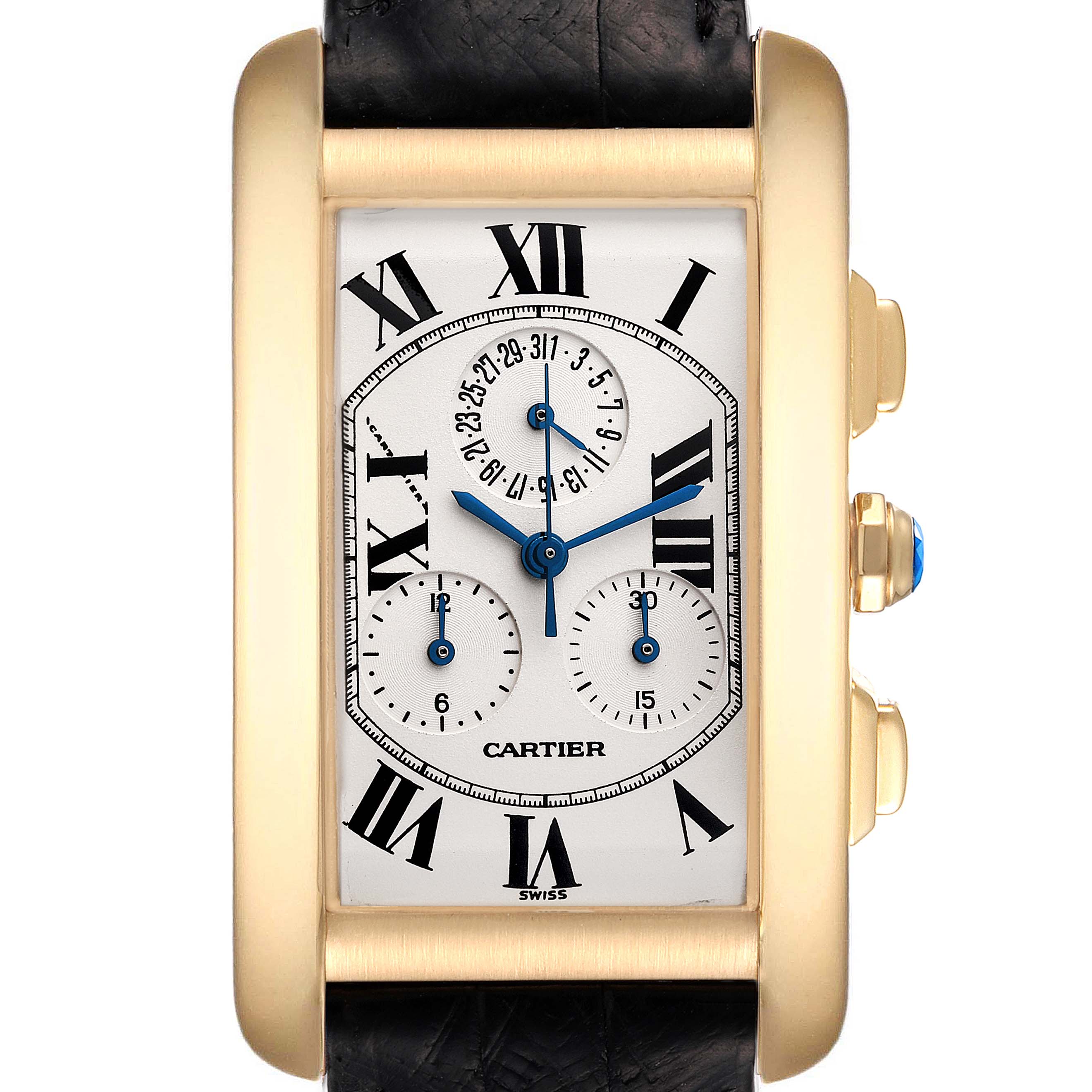 The image shows a front view of the Cartier Tank Americaine W2601156 Men's Yellow Gold Silver Dial W2601156 Men's Yellow Gold Silver Dial watch, highlighting the rectangular dial, Roman numerals, and subdials.