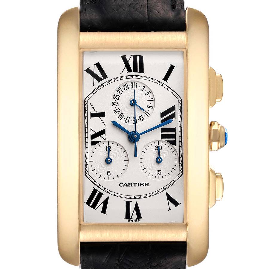 The image shows a front view of the Cartier Tank Americaine W2601156 Men's Yellow Gold Silver Dial W2601156 Men's Yellow Gold Silver Dial watch, highlighting the rectangular dial, Roman numerals, and subdials.