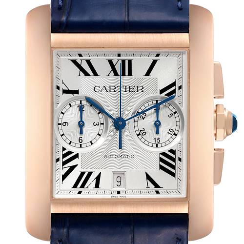 The image shows a frontal view of a Cartier Tank MC W5330005 Men's Rose Gold Silver Dial W5330005 Men's Rose Gold Silver Dial watch, highlighting its dial, Roman numerals, subdials, and blue strap.